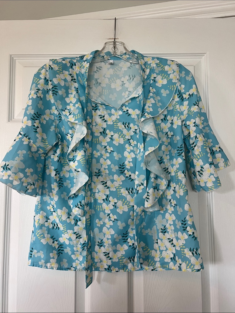Women's Floral Ruffle Blouse - Aqua